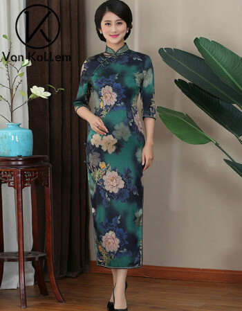 vankollem轻奢女装桑蚕丝旗袍裙2018春季新品改良香云纱复古七分袖