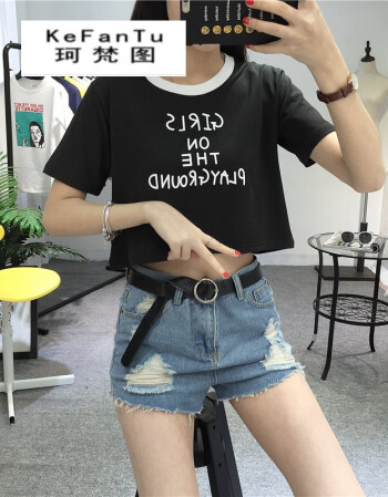 春夏韩版宽松圆领短袖露肚脐t恤超短款学生字母印花体恤上衣服女 黑色