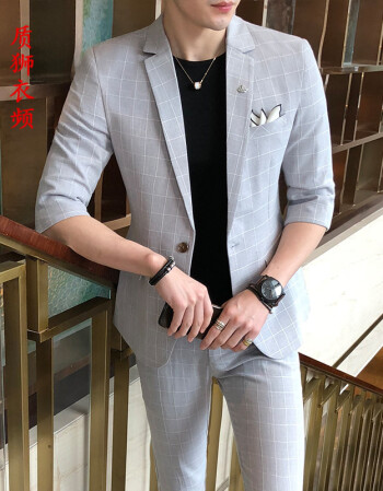 质狮衣频 2018夏季型男理发型师中袖西服套装潮夜店帅哥七分裤西装两