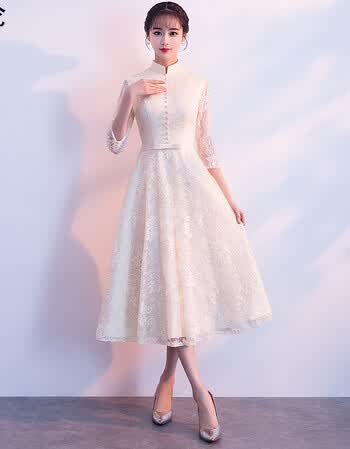 晚礼服旗袍2017新款冬季长袖少女公司年会聚会派对礼服中长款立领 浅
