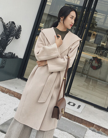 冬季 连帽双面羊绒大衣 中长款焦糖色羊毛毛呢外套女韩版新款 浅米色