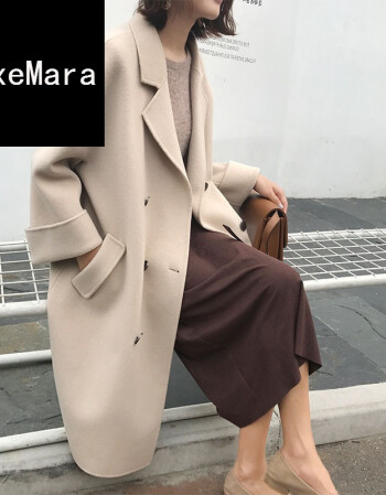 冬新款韩版直筒双面绒中长款毛呢外套女加厚过膝学生妮子大衣 杏色 xl