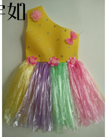 环保服装演出服儿童时装秀手工材料制作环保衣服公主裙 黄色单肩 90cm
