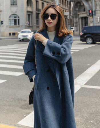 派尼美特2017新款冬季韩版蓝色大衣女冬中长款毛呢修身加厚呢子雾霾蓝