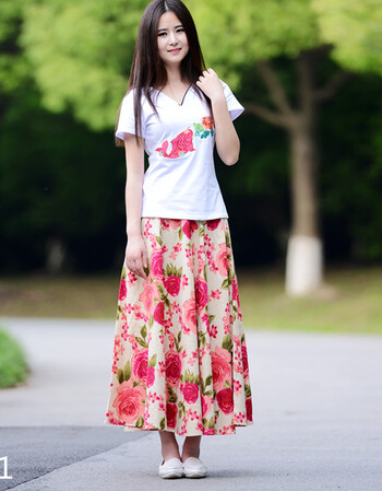 梵藜森女复古文艺春夏季半身裙碎花色亚麻裙棉麻大摆裙长裙子大码 061