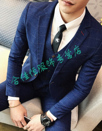 结婚礼服职业正装发型师三件套西服夜店潮男韩版修身格子西装套装