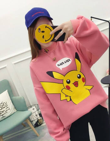 皮卡丘卫衣女宽松韩版大码黄色上衣外套2018新款情侣款 粉红色 m
