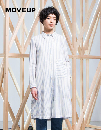 moveup幻走2017女装秋季新品 翻领条纹梭织中长款衬衫17320447 米白