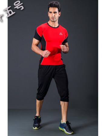 长裤室内健身房运动服套装男跑步服紧身衣速干短袖 222红黑七分裤套装