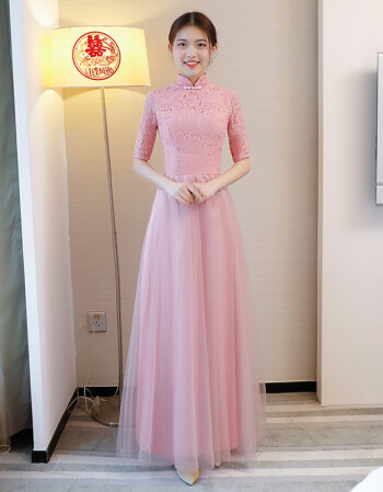 帝梦思中式伴娘服长款2018新款夏季复古婚礼中国风姐妹团礼服长裙演出