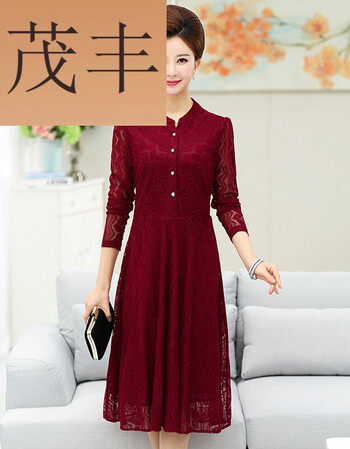 妈妈装秋装蕾丝长袖连衣裙中老年女装00裙子婚礼服修身中长款 红色