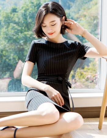 竖条纹职业连衣裙夏季新款气质女神范衣服正装美容院店长工作服女
