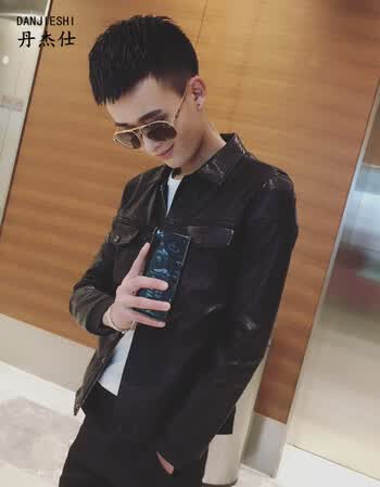 丹杰仕年春款港风修身男口袋装饰机车皮夹克夜店社会小伙发型皮衣外套