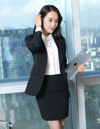 修身职业装 大码西服正装工作制服 女士精品套装西装 黑色外套 短裙 l