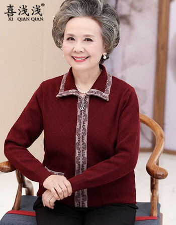 喜浅浅中老年人春装女开衫翻领外套60-70岁妈妈奶奶针织羊毛衫2018