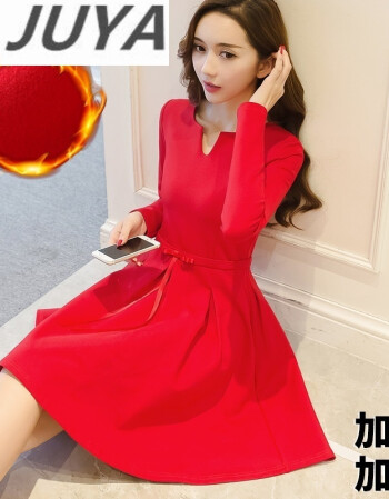juya潮牌 连衣裙新款女韩版时尚红色连衣裙高腰红裙子