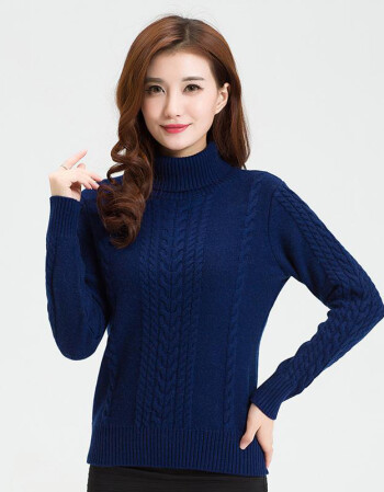 羊绒衫加厚高领麻花针织衫女式纯色女毛衣打底衫 藏蓝色 l
