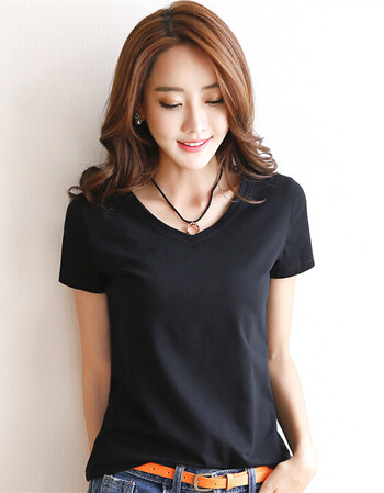 子沫雨 2018夏季新款修身显瘦V领短袖T恤女 黑
