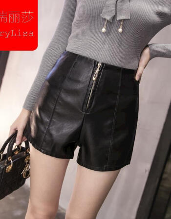 lisa*春季新款显瘦百搭皮短裤高腰字阔腿休闲裤拉链裤女式休闲裤 黑色