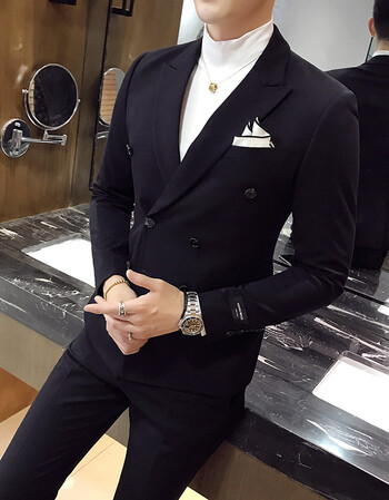 2018春冬季新款西服套装男两件套韩版修身双排扣休闲西装新郎结婚帅气