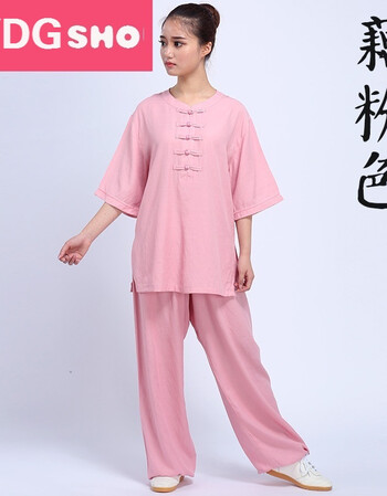 太极服棉麻 夏季短袖绣花武术服 中半袖女士太极拳练功服装 藕色 新