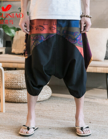 富贵鸟(fuguiniao)中国风男装泰国大象五分裤棉麻裤子