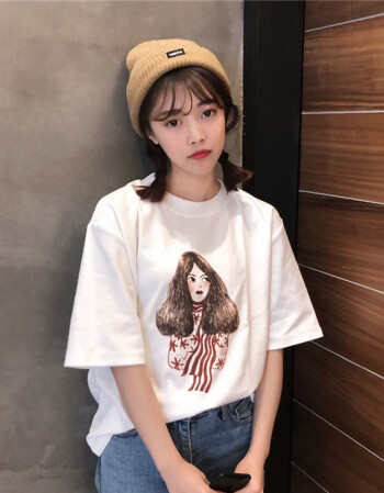 2018夏季新款女装复古韩版可爱卡通小女孩印花百搭短袖t恤女学生打底