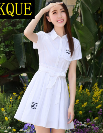 vkque 春夏季新款衬衫连衣裙少女中长款系带白色百褶裙短袖学生公主裙