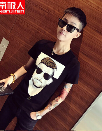 南极人 社会潮流韩版精神小伙欧美男头像印花人头短袖