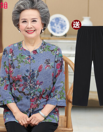 右小姐奶奶装唐装中老年人女装夏装t恤套装老人衣服60