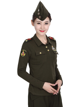 古莱登水兵舞服装女套装2018春秋新款棉长袖t恤军绿色