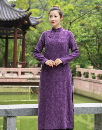 嘉婷凤雅阁秋季新款休闲压花长款旗袍 文艺复古长袖修身旗袍 紫色 l