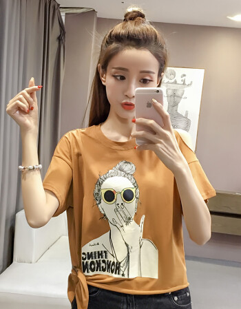 夏装新款韩范露肩印花美女头印花图案宽松短袖t恤的上衣服 巧克力色 s