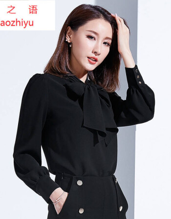 洋气职业修身系带打底百搭修身显瘦衬衣女春夏装 领子系带黑色单款