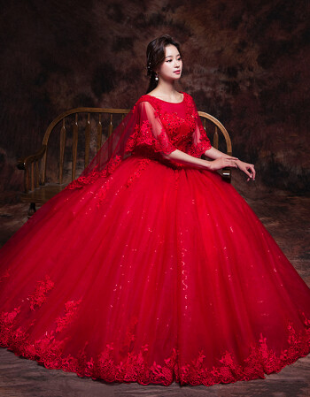 婚纱礼服2018春夏季新款一字肩红色齐地显瘦大码蓬蓬裙新娘婚纱 红色
