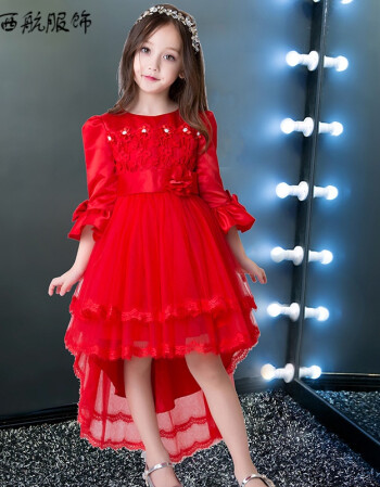 公主裙女童纱儿童婚纱生日钢琴演出服女孩连衣裙花童拖尾礼服 红色q