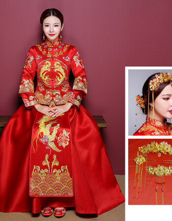 阿坡饵秀禾服新娘2017新款中式婚纱礼服古代婚纱禾秀服秀和服凤冠霞帔