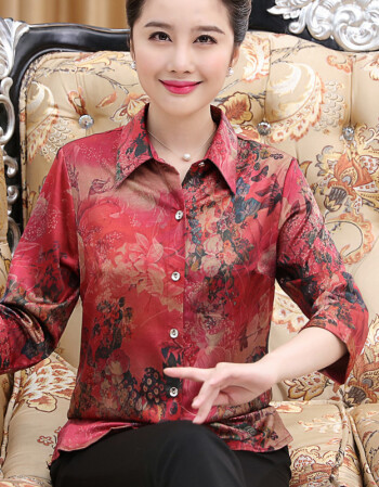 新品妈妈装春夏装真丝香云纱衬衫中老年大码开衫奶奶装桑蚕丝t恤上衣