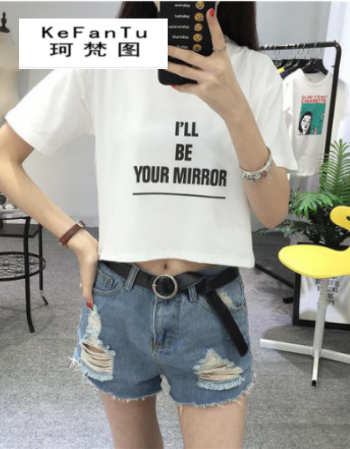 珂梵图新款高腰衣服露脐装学生短袖短款软妹上衣女夏超短t恤露肚脐