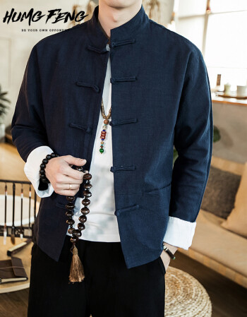 humg feng轻奢品牌中式唐装汉服中国风男装复古居士盘扣棉麻外套民族