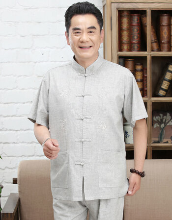 中老年唐装男短袖亚麻套装汉服老人中山装爷爷夏季衣服开衫晨练服