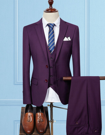 西服套装韩版修身结婚西装礼服西装三件套 紫色 m