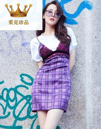 莱克珍品店铺店铺迪丽热巴同款格纹吊带裙2018米兰新款两件套装蕾丝