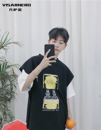 凡萨诺 假两件短袖t恤男生夏季宽松帅气撞色印花圆领t恤青少年潮牌