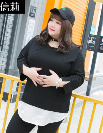 休闲t恤2018新款加大码女装胖妹妹拼接圆领藏肉上 黑拼白 4码