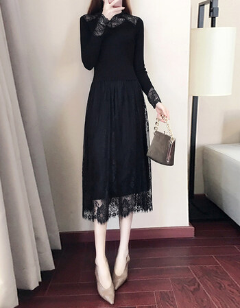 季2018新款女中长款打底裙小礼服黑裙子内搭针织蕾丝连衣裙装 黑色 s
