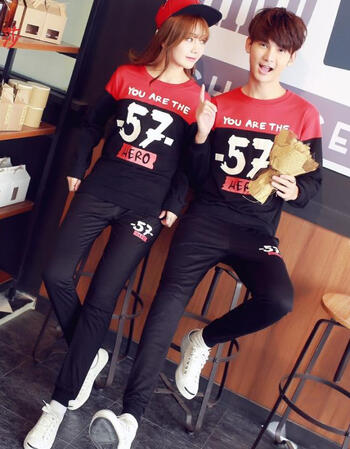 念莎2016春秋季数字情侣运动套装男女套头卫衣春天跑步运动服 黑色 m