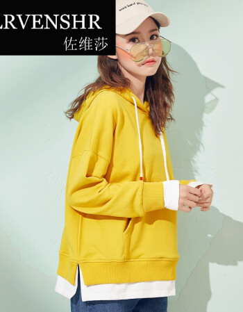 诗曼朵2018春季新款韩版撞色连帽假两件拼接卫衣女袋鼠兜宽松上衣 姜