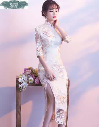 觅号改良版旗袍连衣裙春秋季2018新款女夏端庄大气中长款少女日常2018