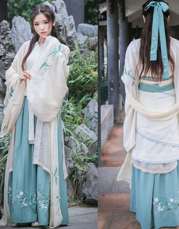 绣花汉服女双绕曲裾 齐腰襦裙 日常春秋交领雪纺大袖